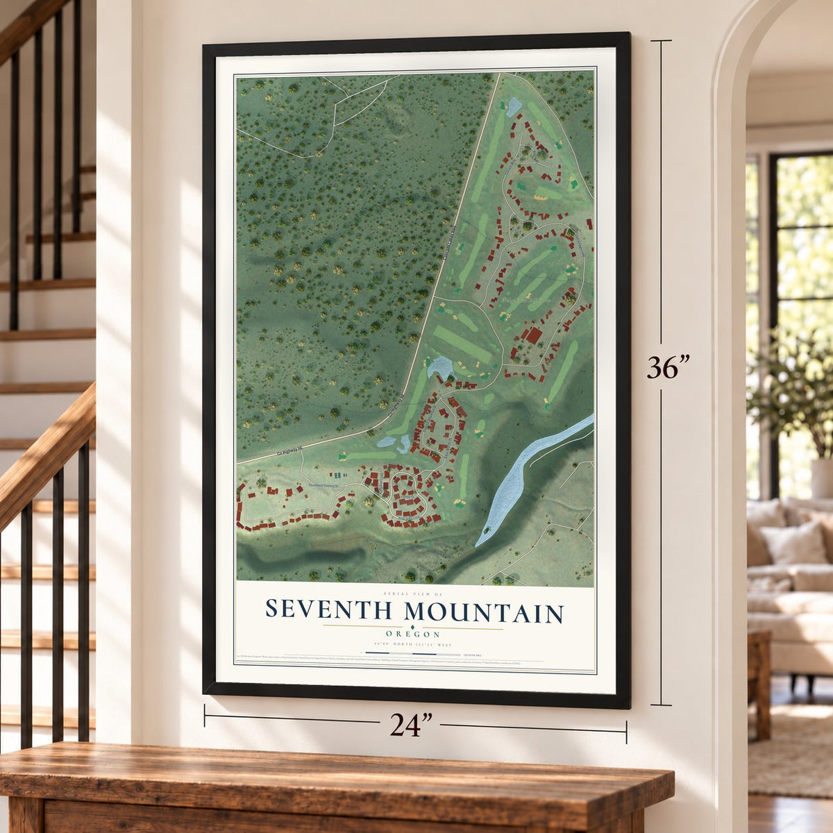 Seventh Mountain, Oregon map, 24 x 36 inch print in a black frame by a staircase