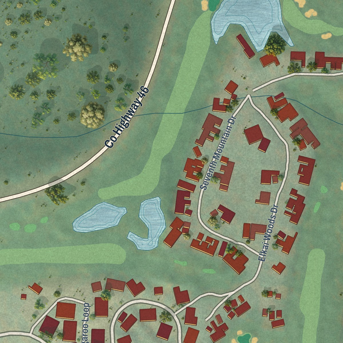 Close-up of the map of Seventh Mountain, Oregon print showing street and building detail