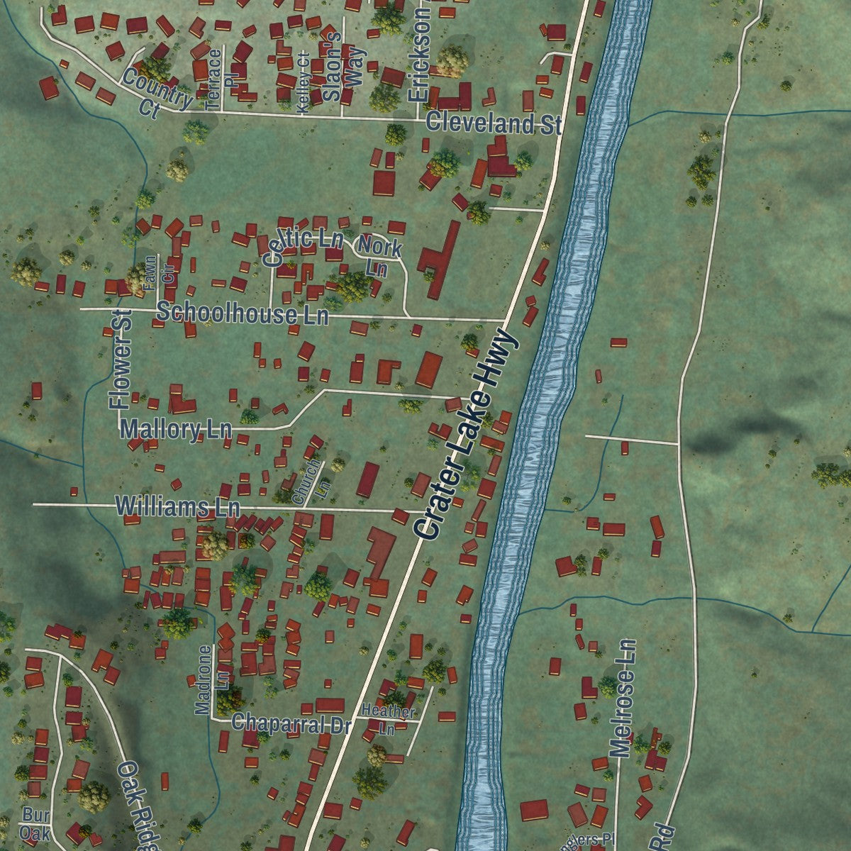Close-up of the map of Shady Cove, Oregon print showing street and building detail