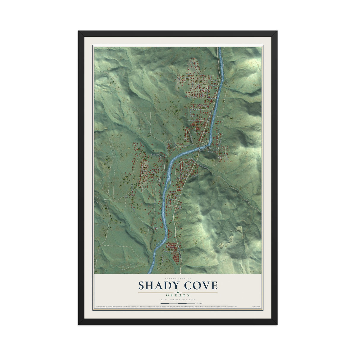 Map of Shady Cove, Oregon, 12 x 18 inch print in a black wood frame