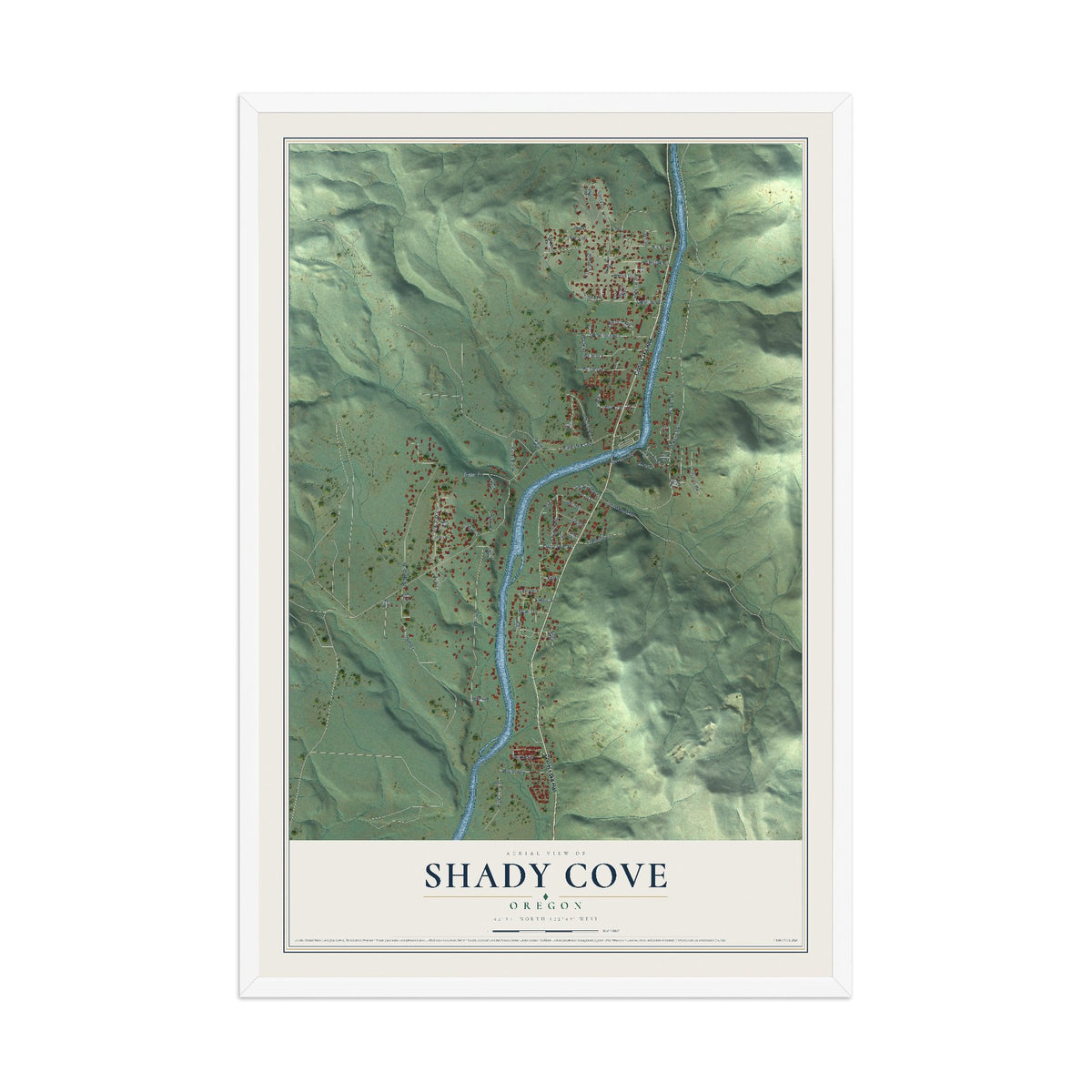 Map of Shady Cove, Oregon, 12 x 18 inch print in a white wood frame