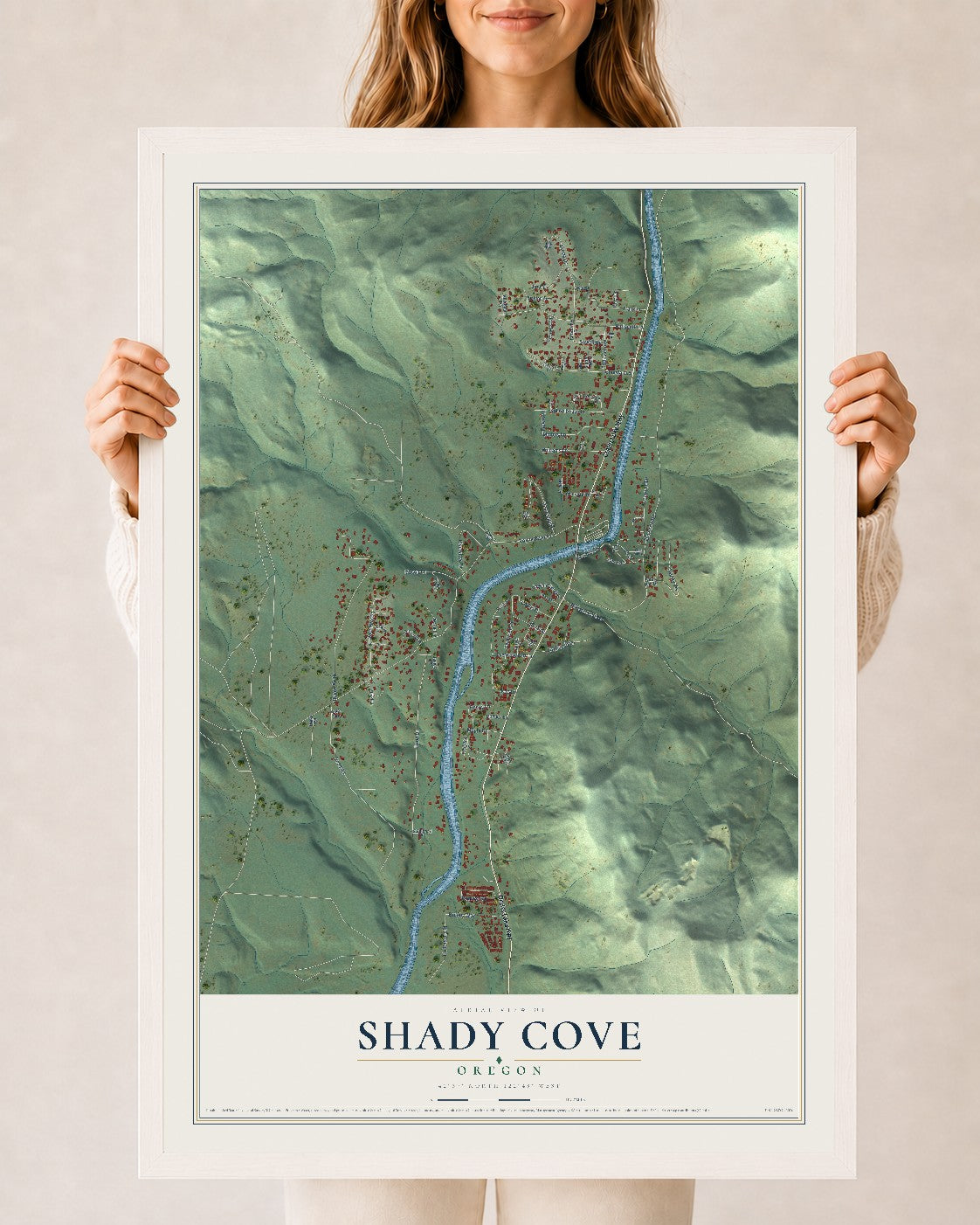 Map of Shady Cove, Oregon, 24 x 36 inch print in a white wood frame