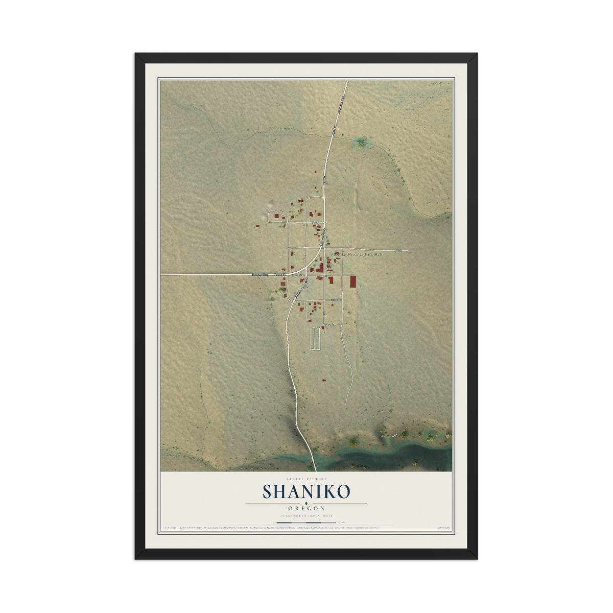Map of Shaniko, Oregon, 12 x 18 inch print in a black wood frame