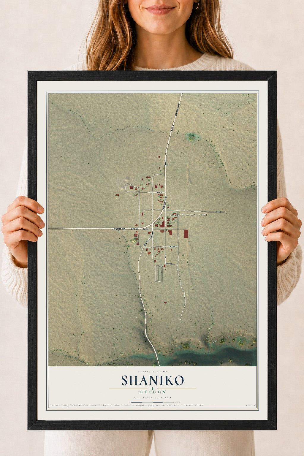 Map of Shaniko, Oregon, 18 x 24 inch print in a black wood frame