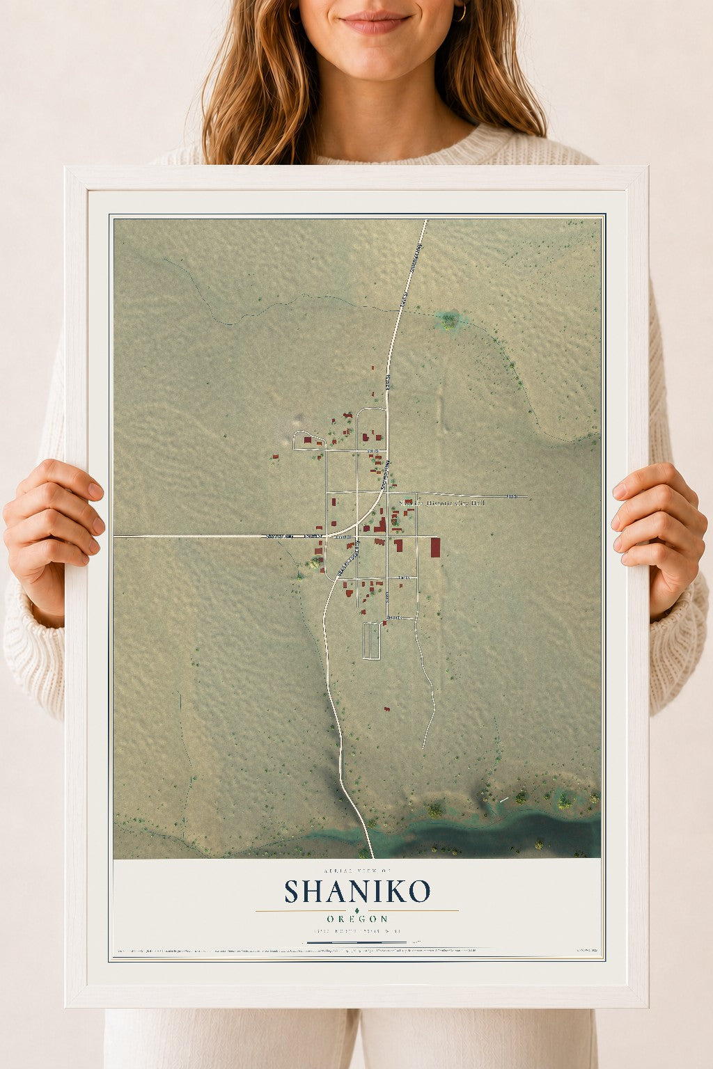 Map of Shaniko, Oregon, 18 x 24 inch print in a white wood frame