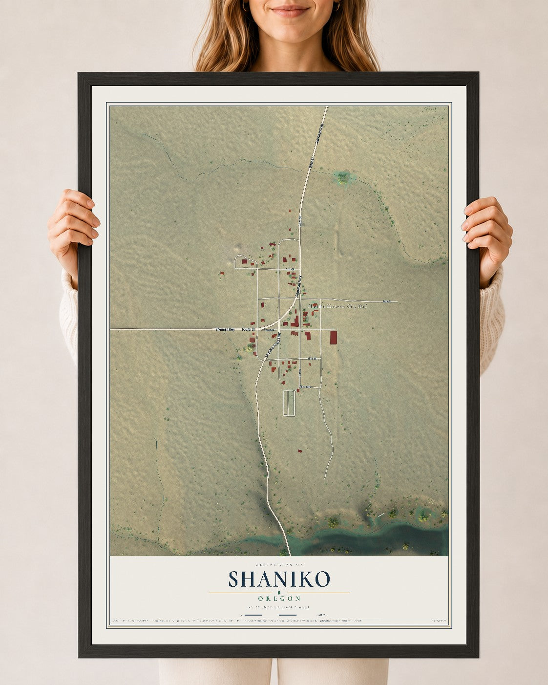 Map of Shaniko, Oregon, 24 x 36 inch print in a black wood frame