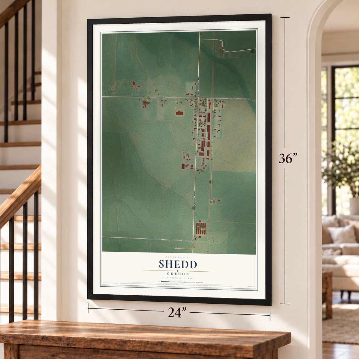 Shedd, Oregon map, 24 x 36 inch print in a black frame by a staircase