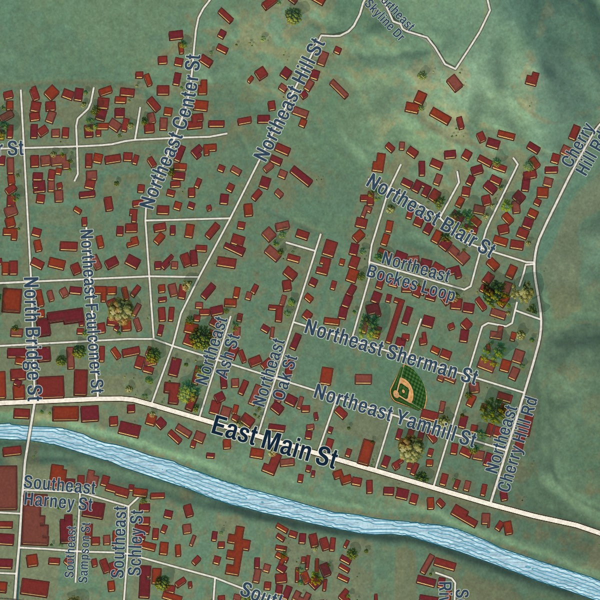 Close-up of the map of Sheridan, Oregon print showing street and building detail
