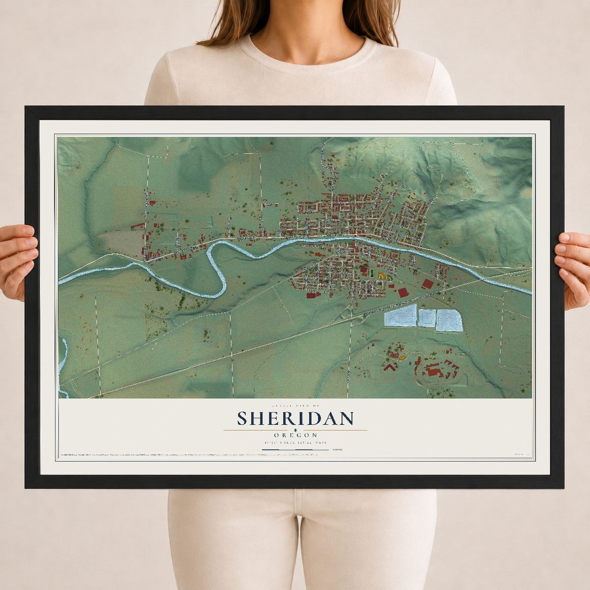 Map of Sheridan, Oregon, 18 x 24 inch print in a black wood frame