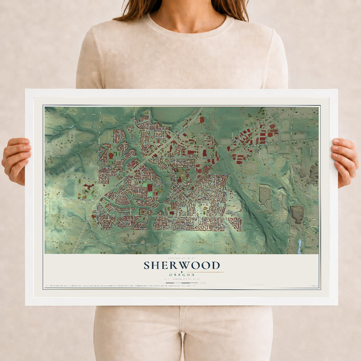 Map of Sherwood, Oregon, 12 x 18 inch print in a white wood frame