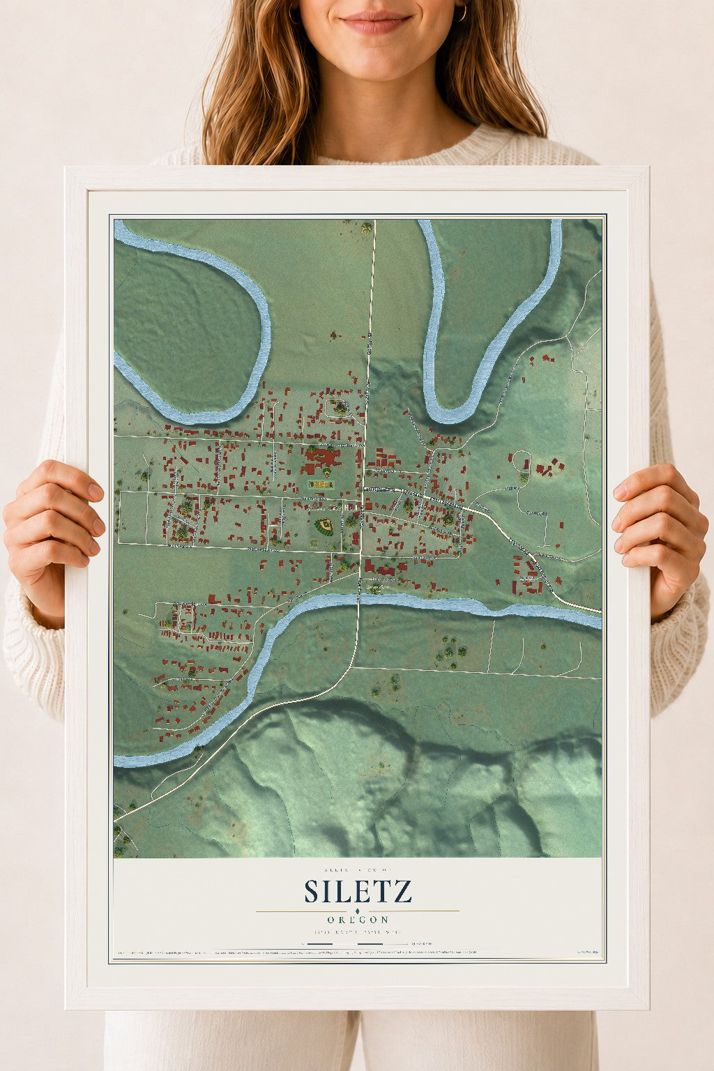 Map of Siletz, Oregon, 18 x 24 inch print in a white wood frame