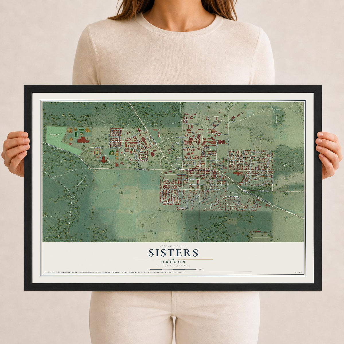 Map of Sisters, Oregon, 12 x 18 inch print in a black wood frame