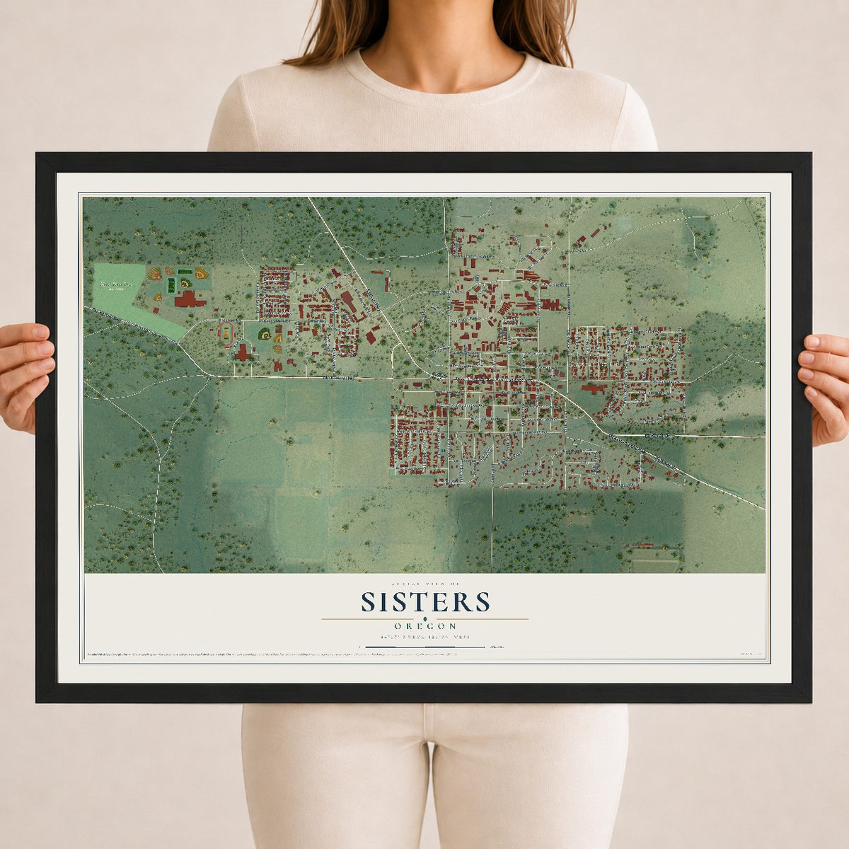 Map of Sisters, Oregon, 18 x 24 inch print in a black wood frame