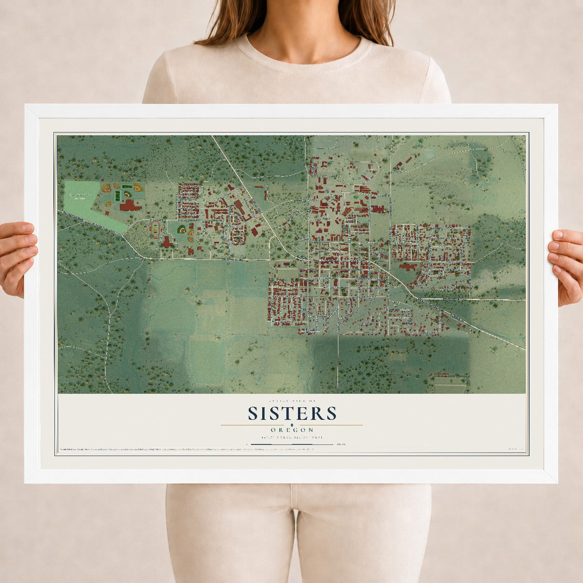 Map of Sisters, Oregon, 18 x 24 inch print in a white wood frame