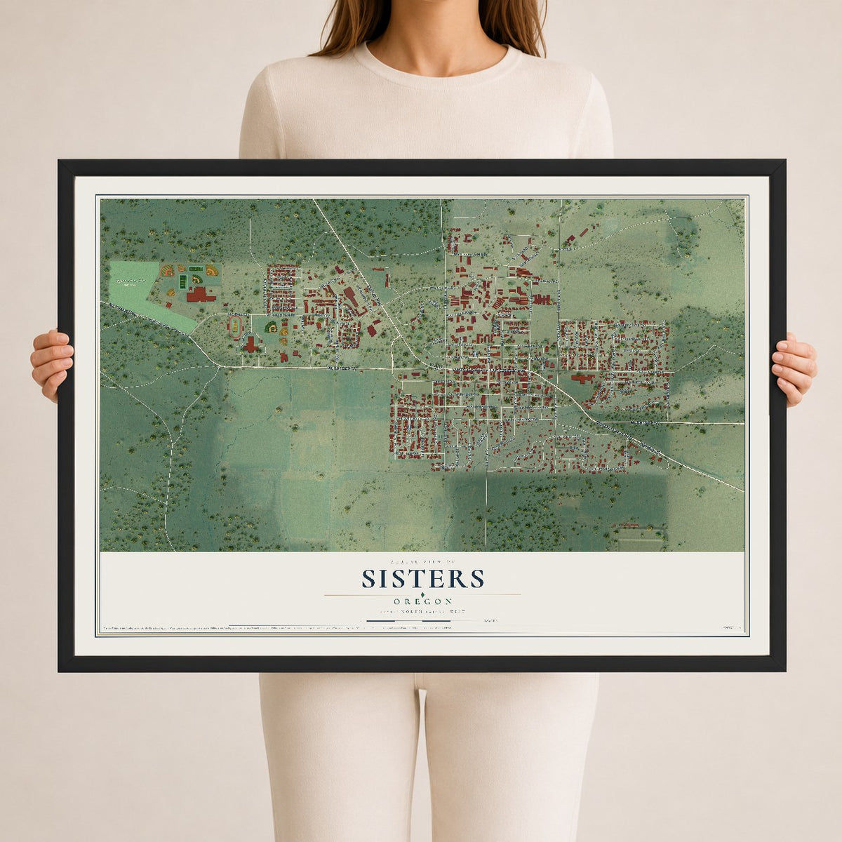Map of Sisters, Oregon, 24 x 36 inch print in a black wood frame
