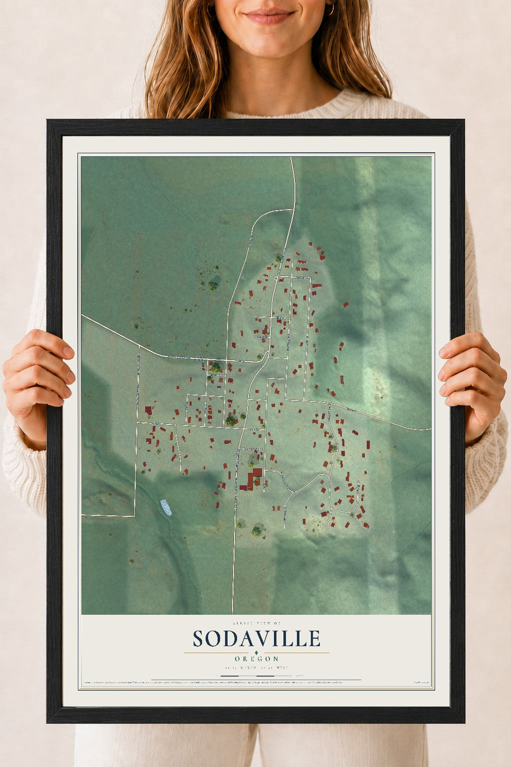 Map of Sodaville, Oregon, 18 x 24 inch print in a black wood frame