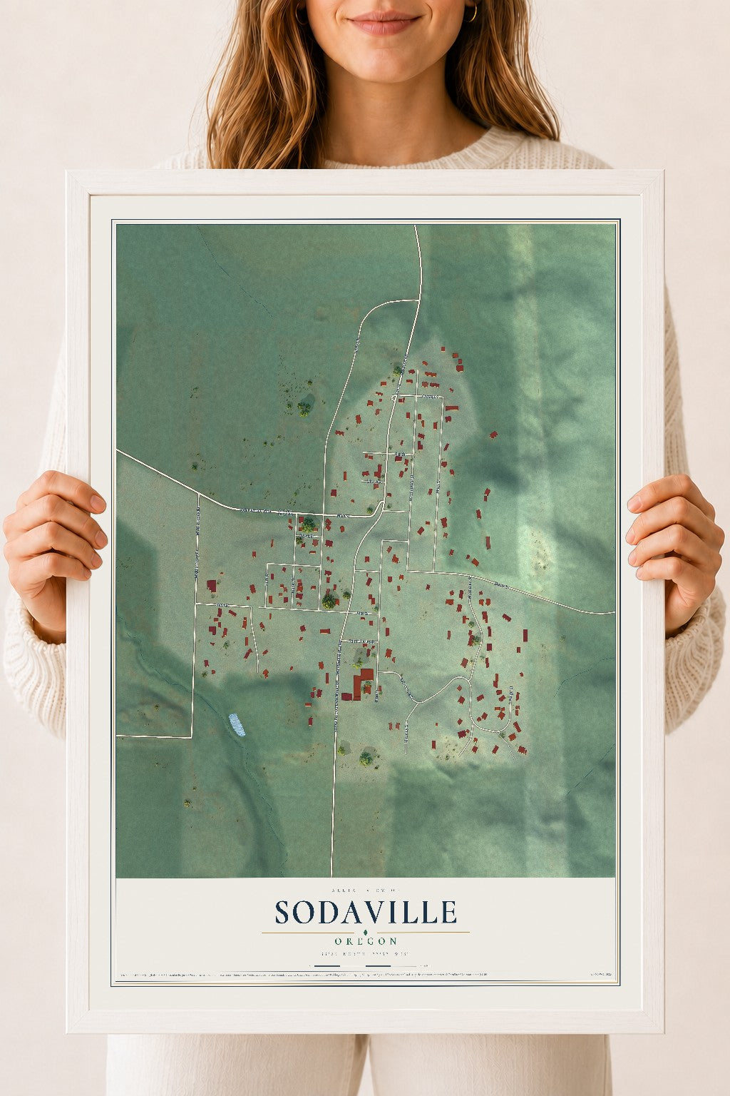 Map of Sodaville, Oregon, 18 x 24 inch print in a white wood frame