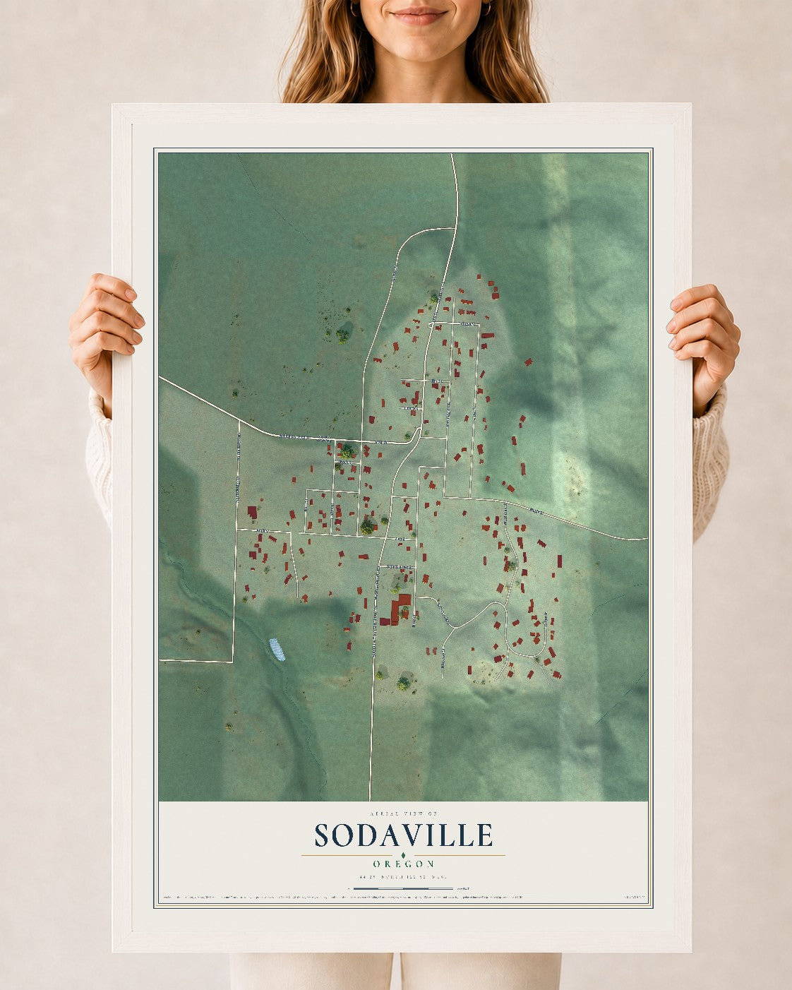 Map of Sodaville, Oregon, 24 x 36 inch print in a white wood frame
