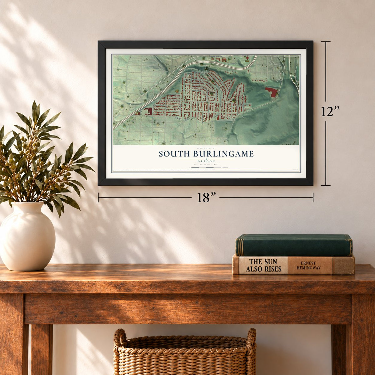 South Burlingame, Oregon map, 12 x 18 inch print in a black frame in an entryway