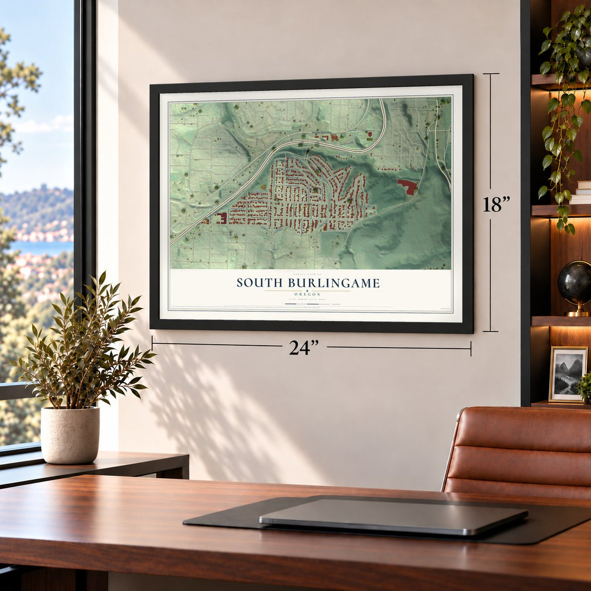 South Burlingame, Oregon map, 18 x 24 inch print in a black frame in a home office