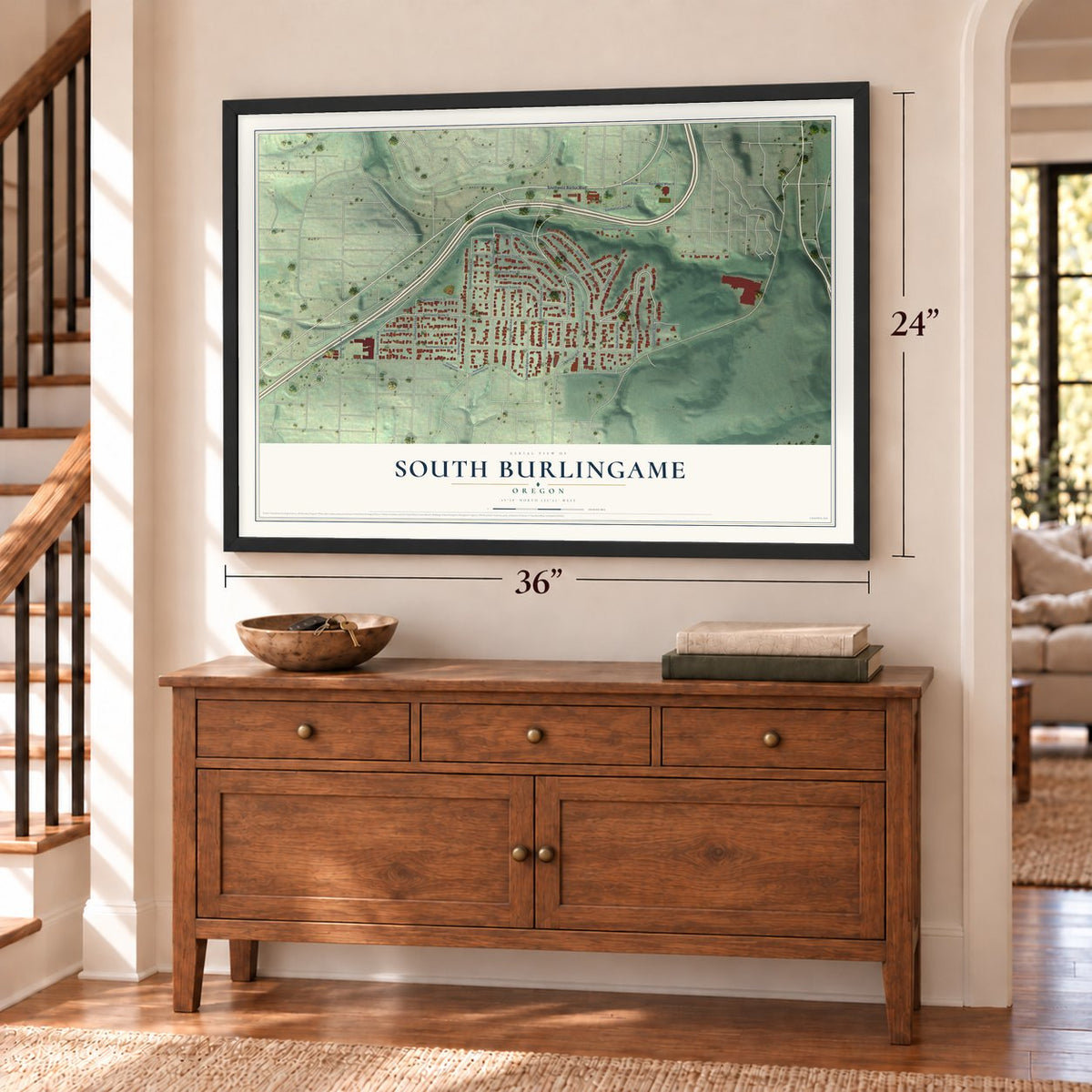 South Burlingame, Oregon map, 24 x 36 inch print in a black frame above a dresser by a staircase