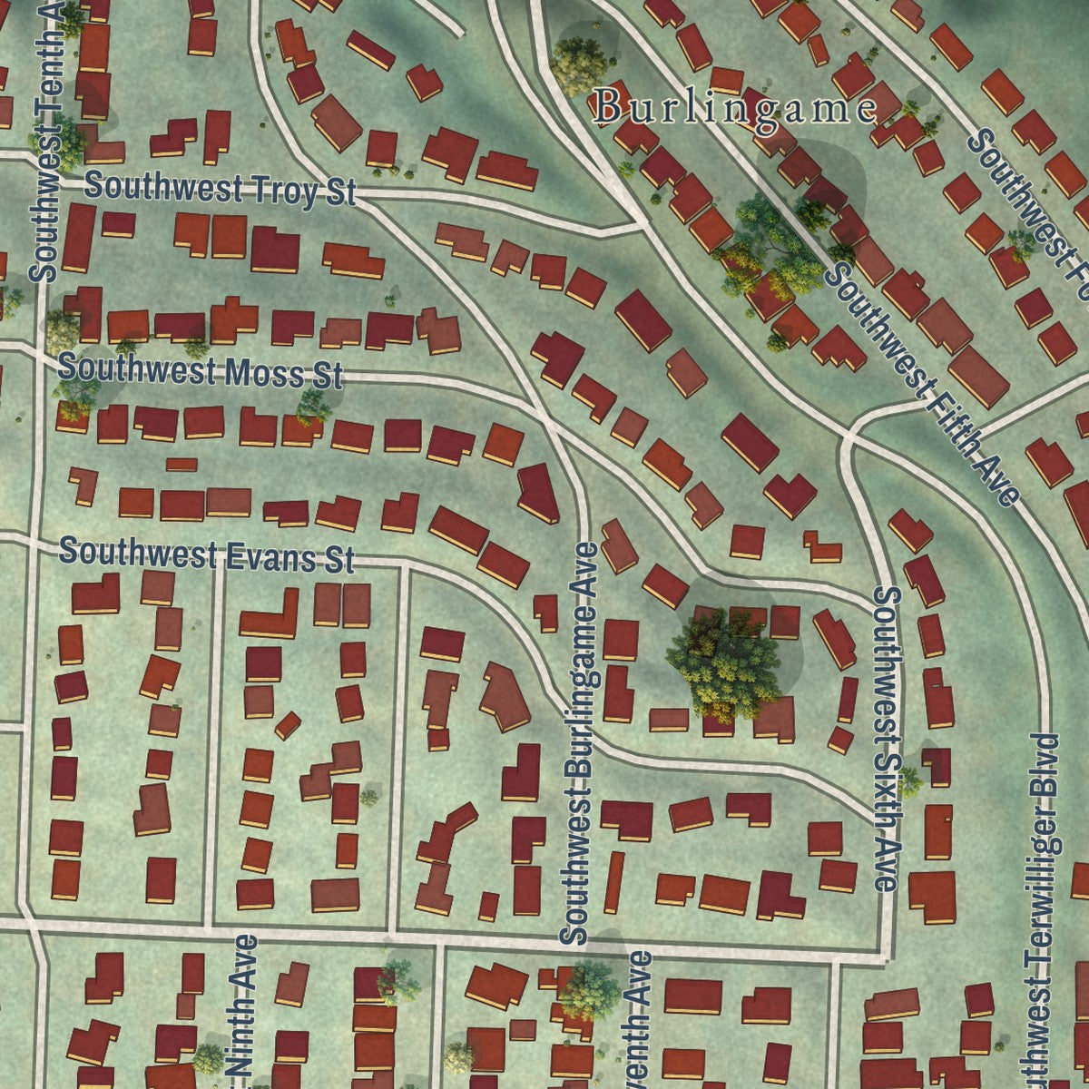 Close-up of the map of South Burlingame, Oregon print showing street and building detail