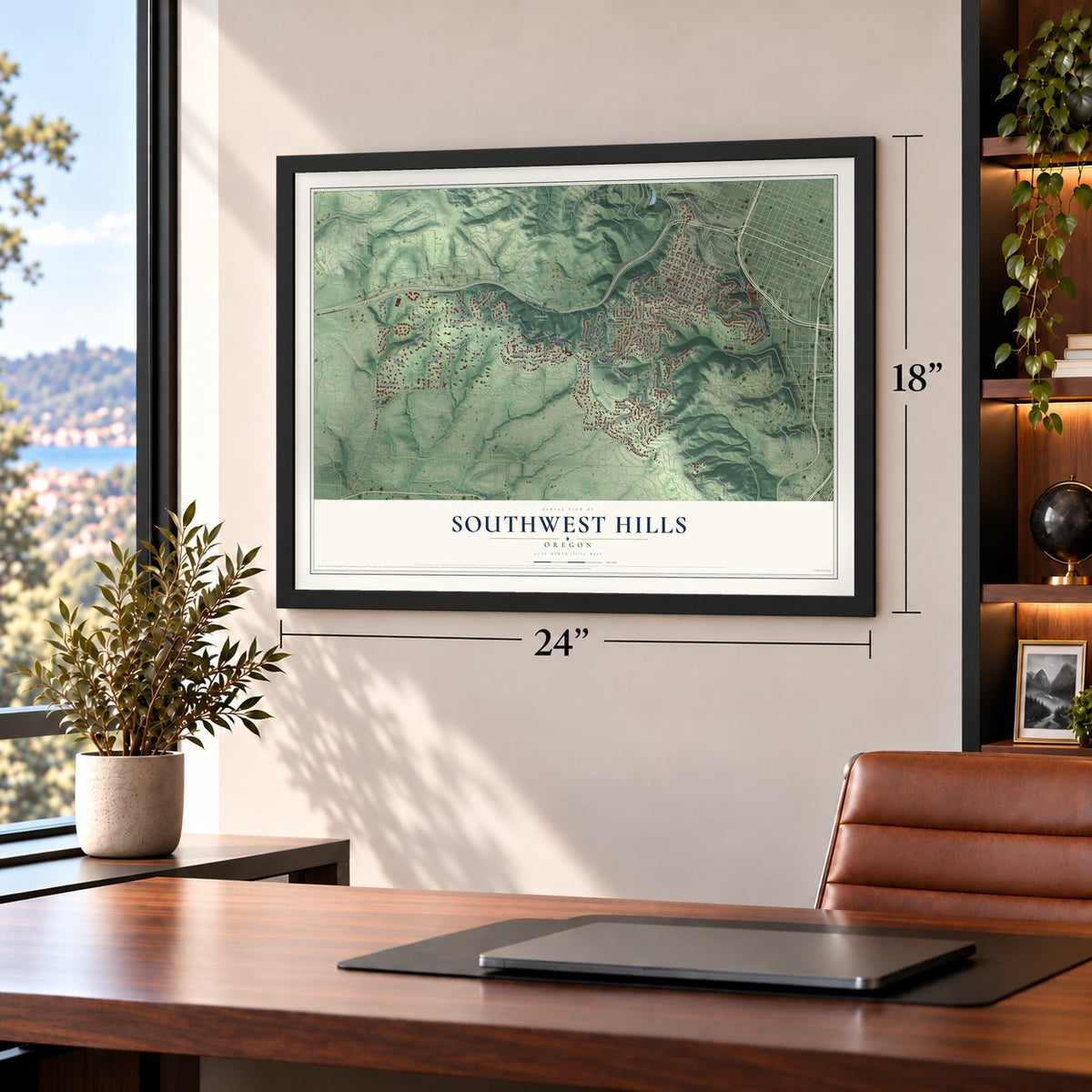Southwest Hills, Oregon map, 18 x 24 inch print in a black frame in a home office