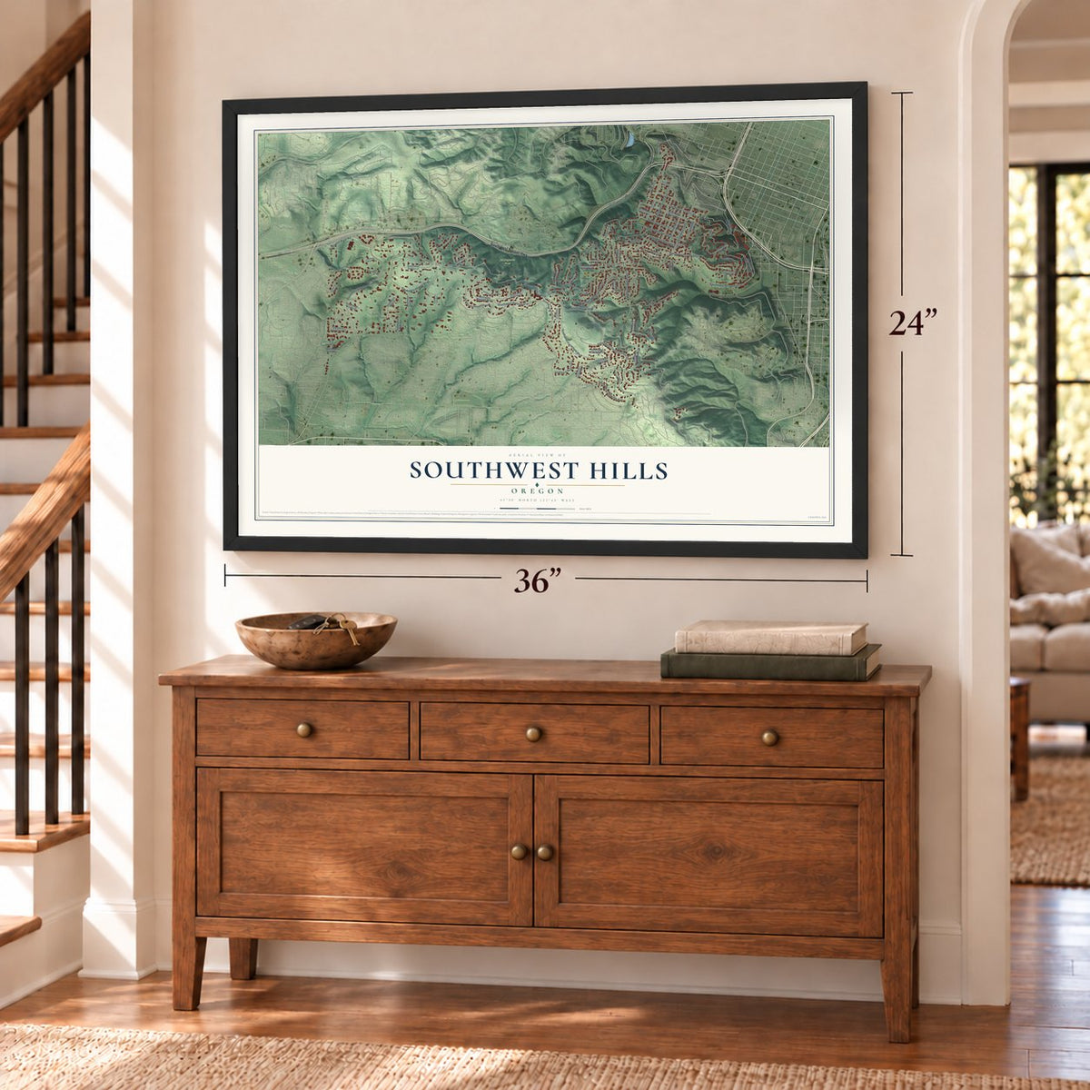 Southwest Hills, Oregon map, 24 x 36 inch print in a black frame above a dresser by a staircase