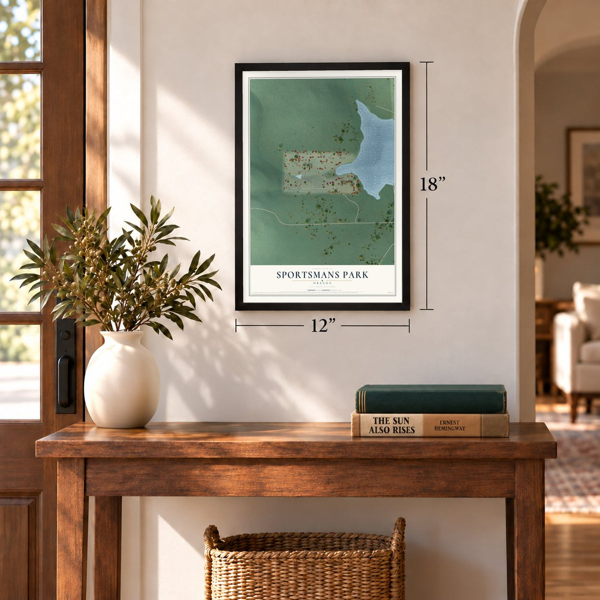 Sportsmans Park, Oregon map, 12 x 18 inch print in a black frame in an entryway
