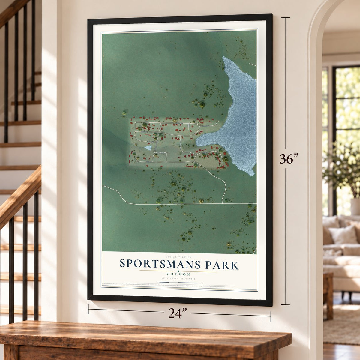 Sportsmans Park, Oregon map, 24 x 36 inch print in a black frame by a staircase