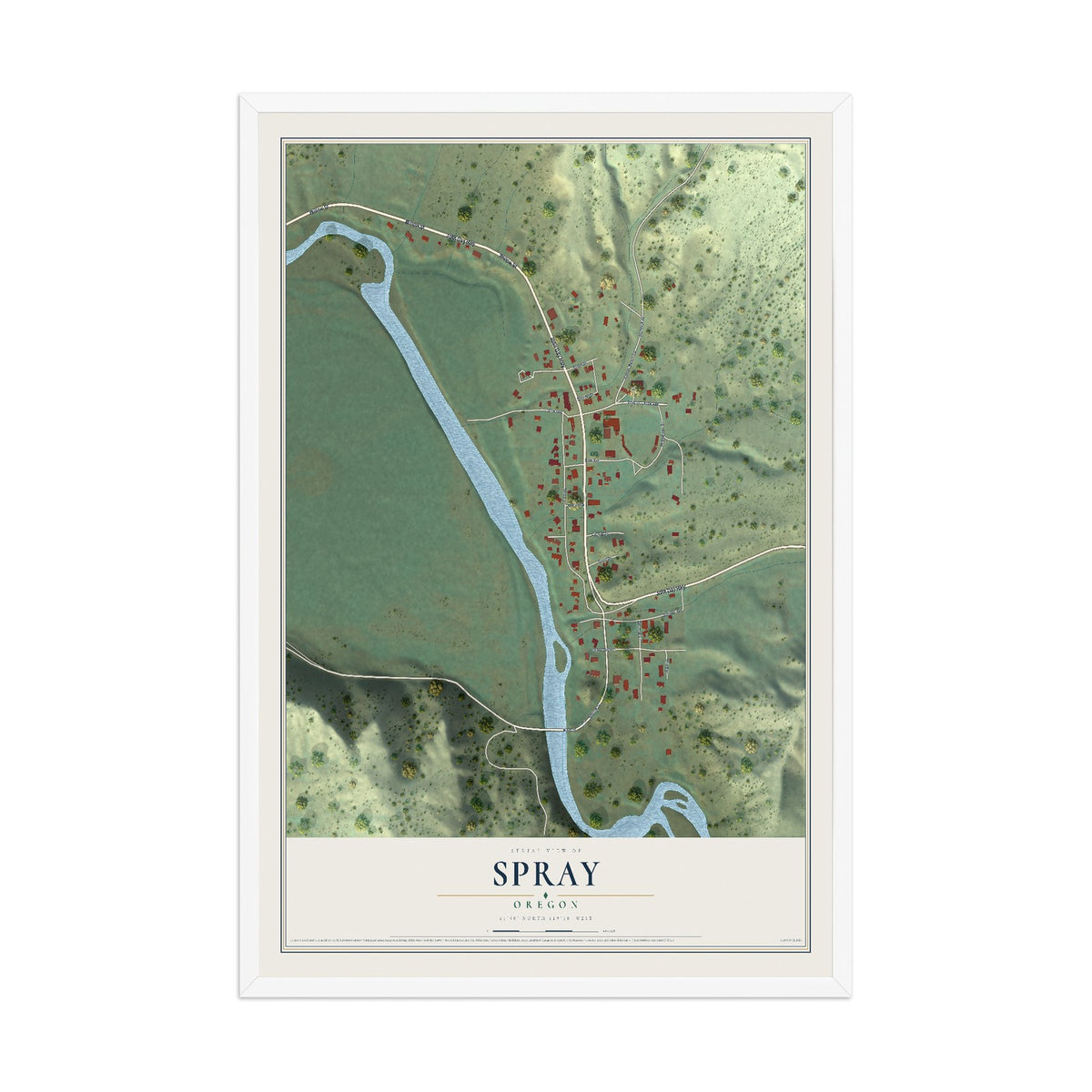 Map of Spray, Oregon, 12 x 18 inch print in a white wood frame