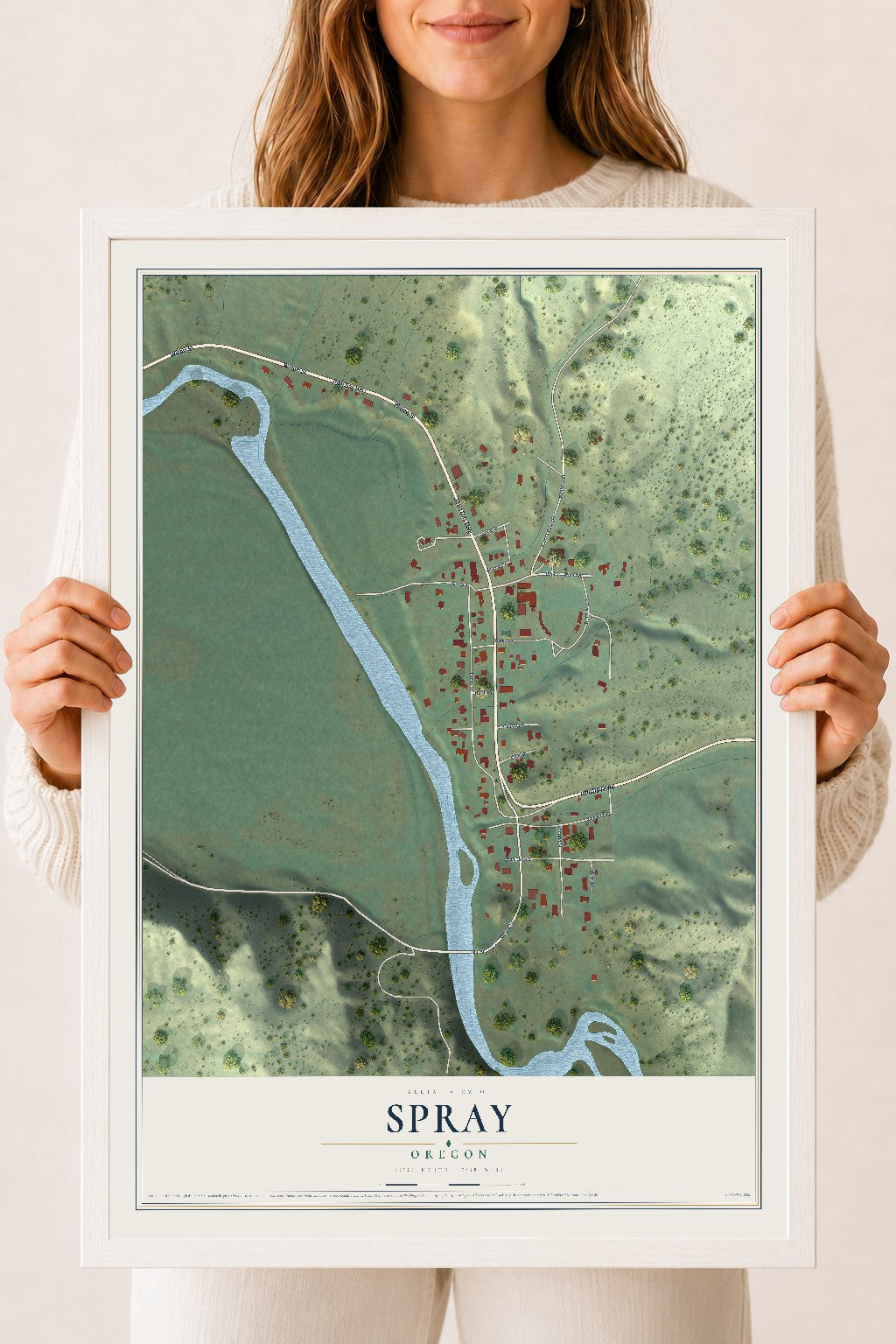 Map of Spray, Oregon, 18 x 24 inch print in a white wood frame