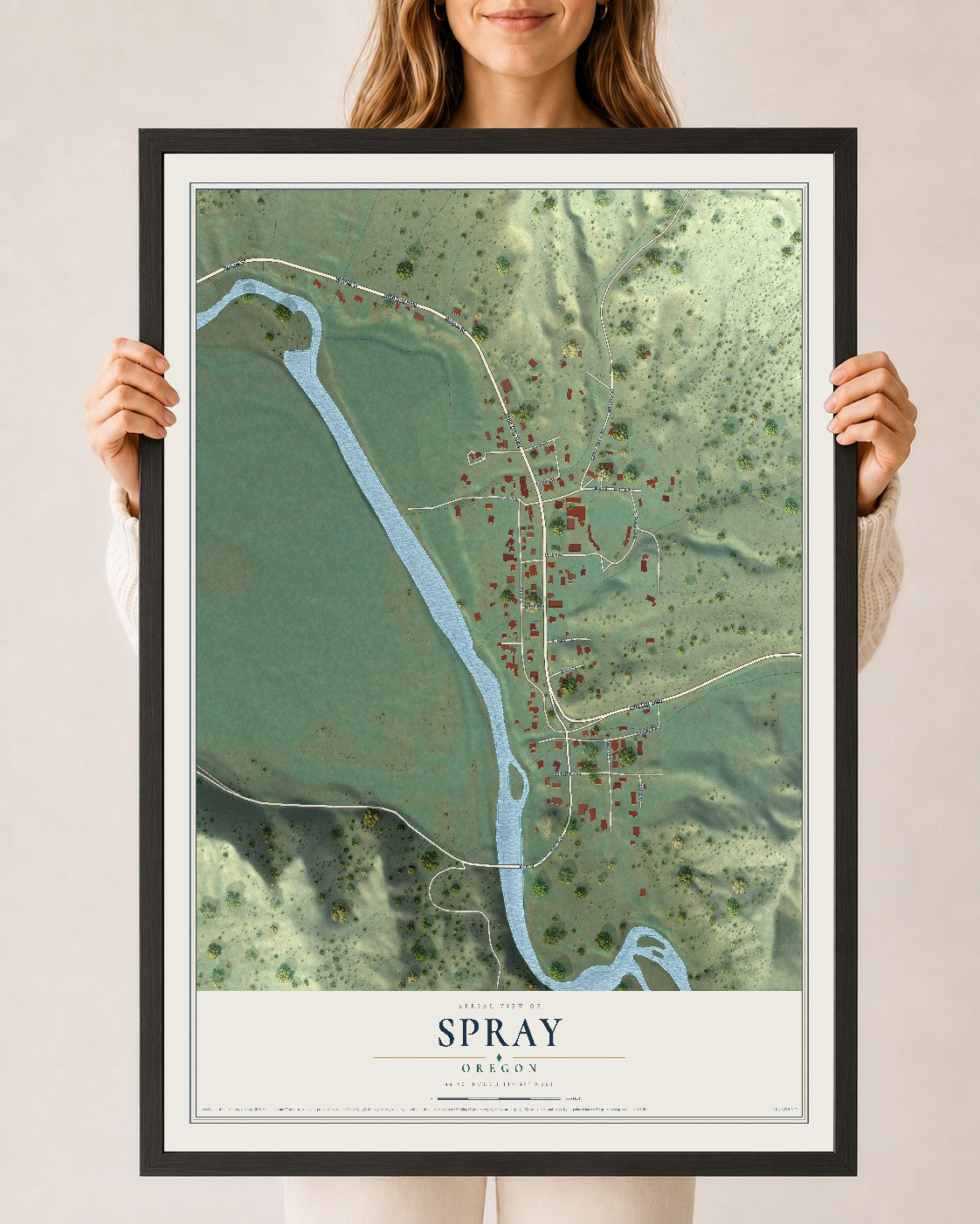 Map of Spray, Oregon, 24 x 36 inch print in a black wood frame