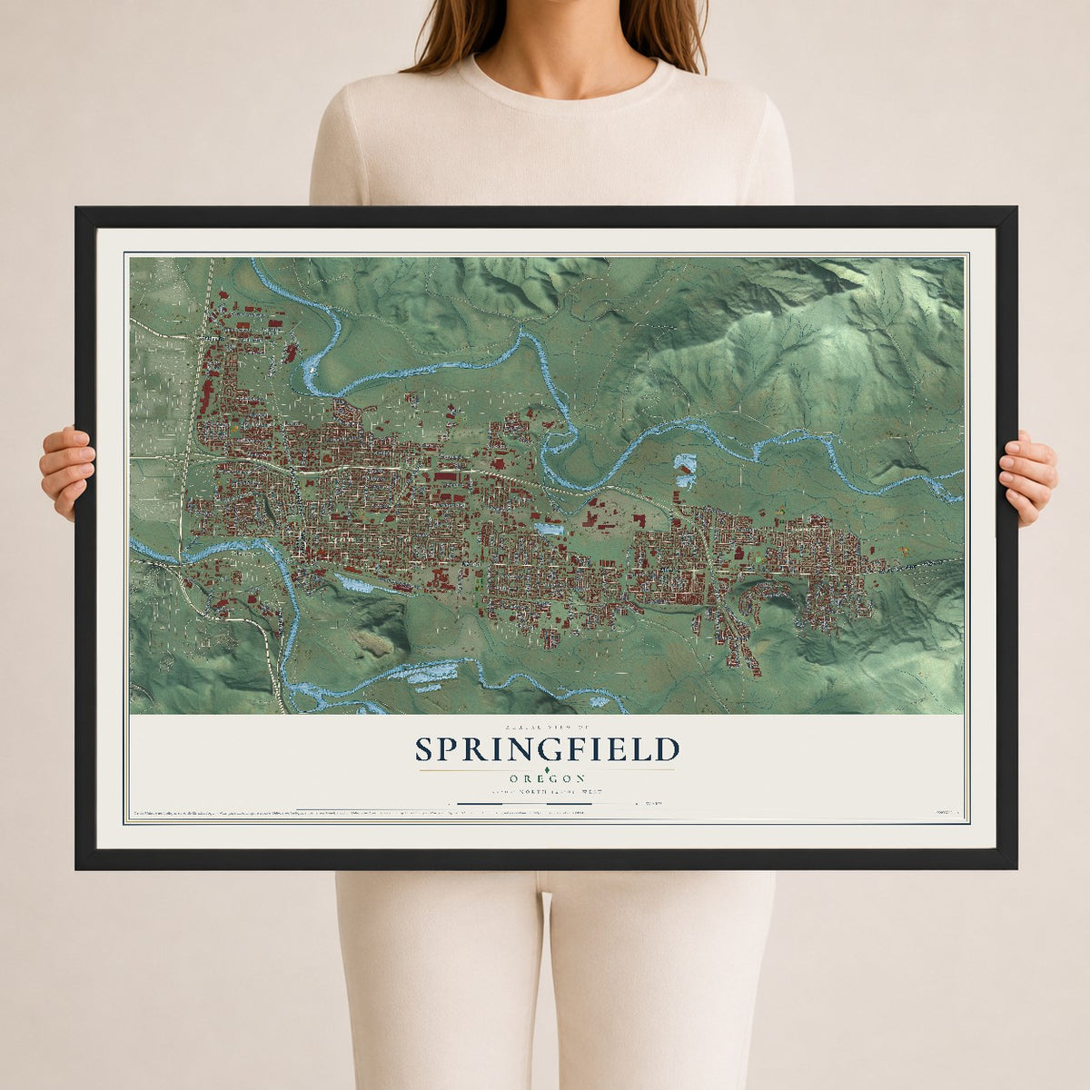Map of Springfield, Oregon, 24 x 36 inch print in a black wood frame