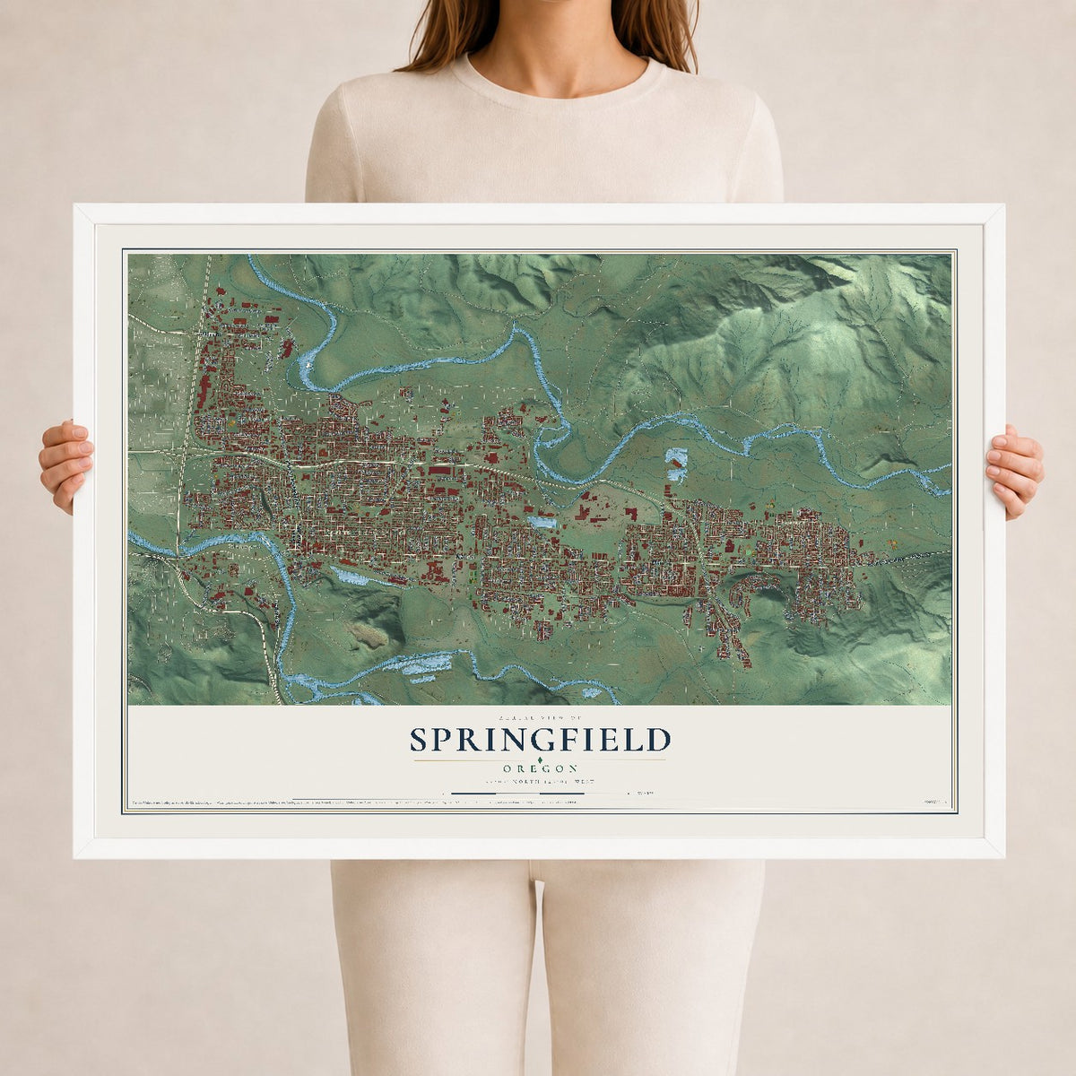 Map of Springfield, Oregon, 24 x 36 inch print in a white wood frame