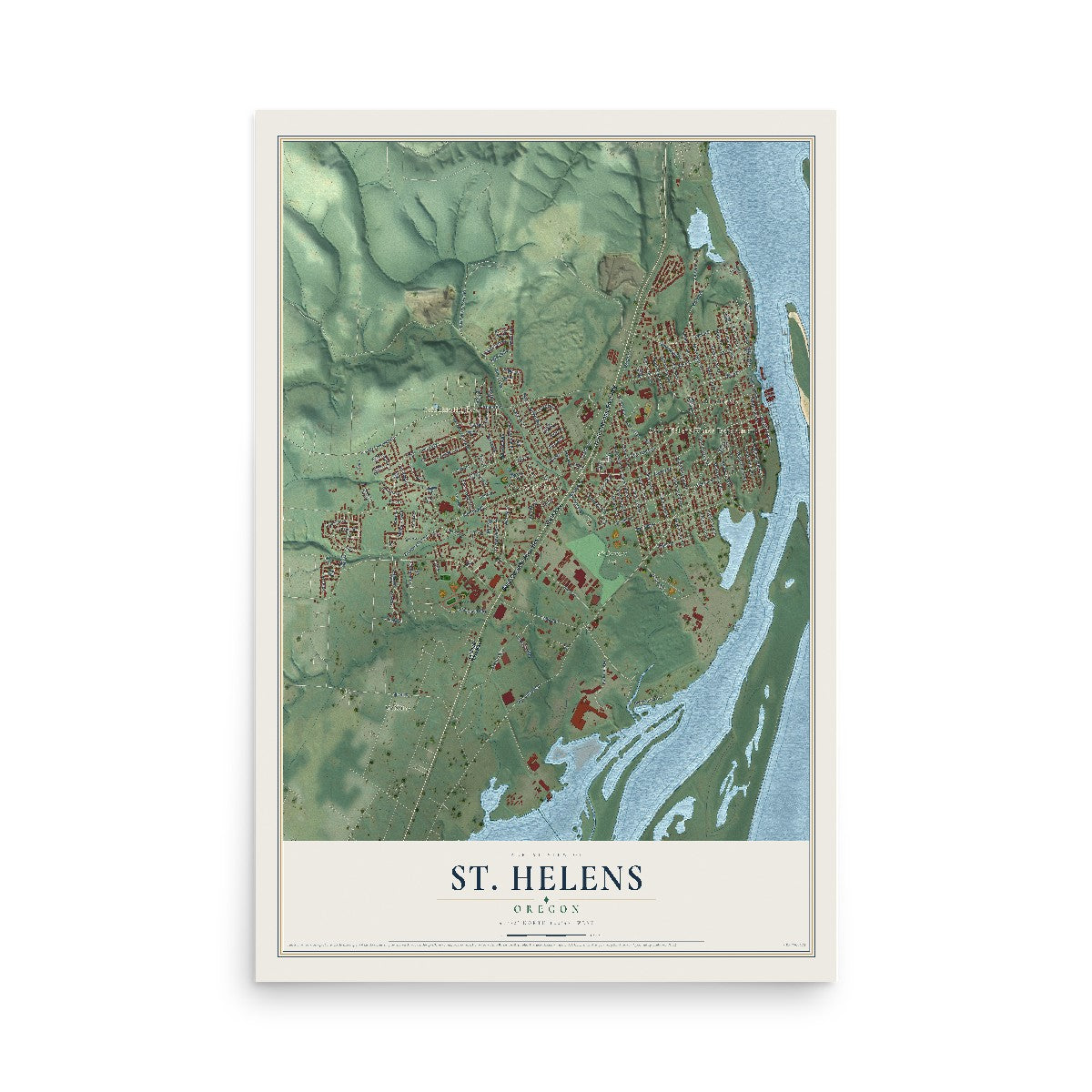 Map of St. Helens, Oregon, 12 x 18 inch unframed archival matte print