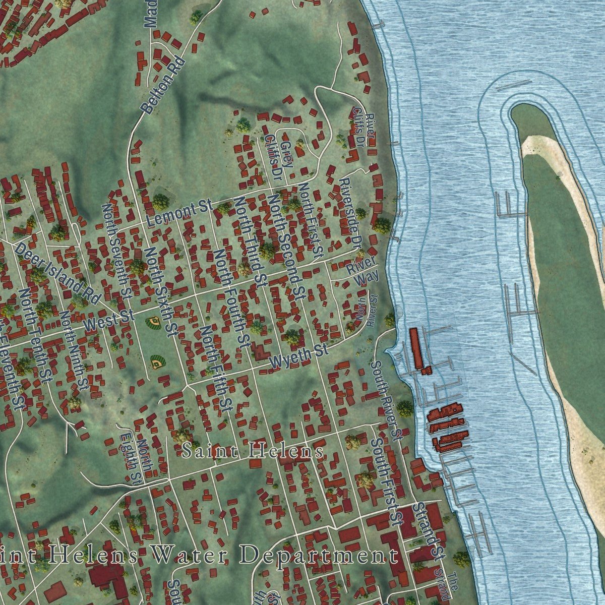 Second close-up of the map of St. Helens, Oregon print showing more streets and buildings