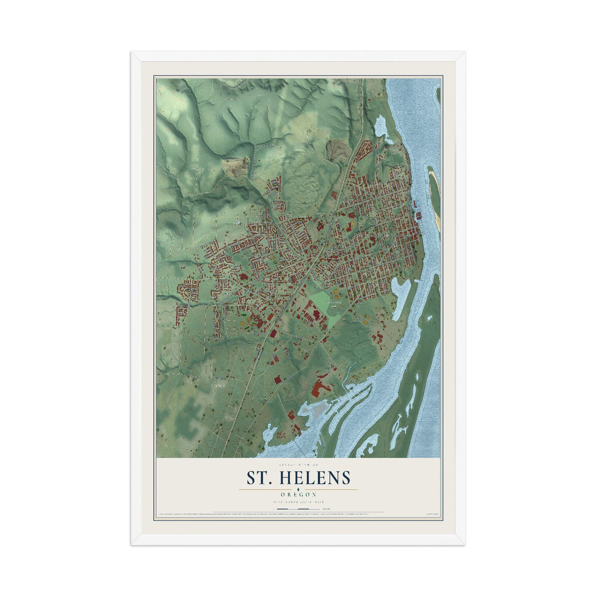 Map of St. Helens, Oregon, 12 x 18 inch print in a white wood frame