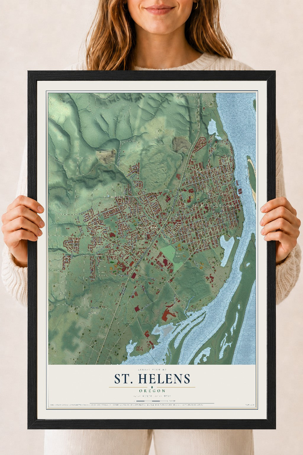 Map of St. Helens, Oregon, 18 x 24 inch print in a black wood frame