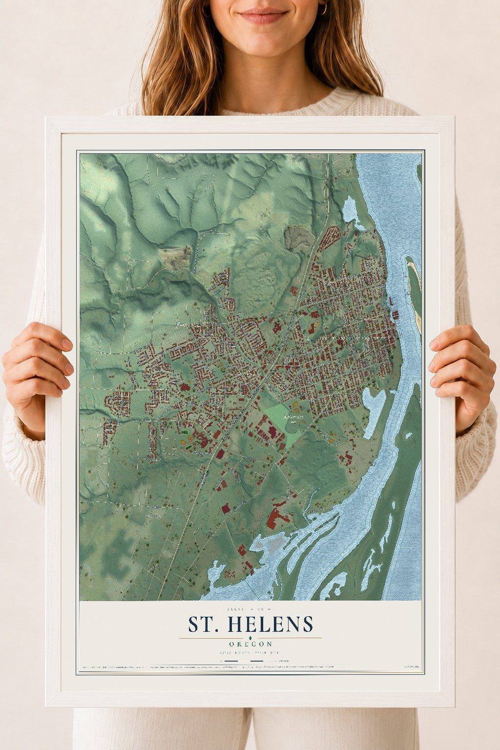 Map of St. Helens, Oregon, 18 x 24 inch print in a white wood frame