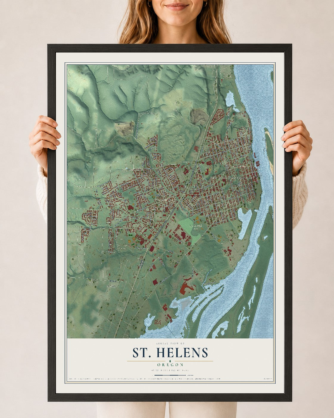 Map of St. Helens, Oregon, 24 x 36 inch print in a black wood frame