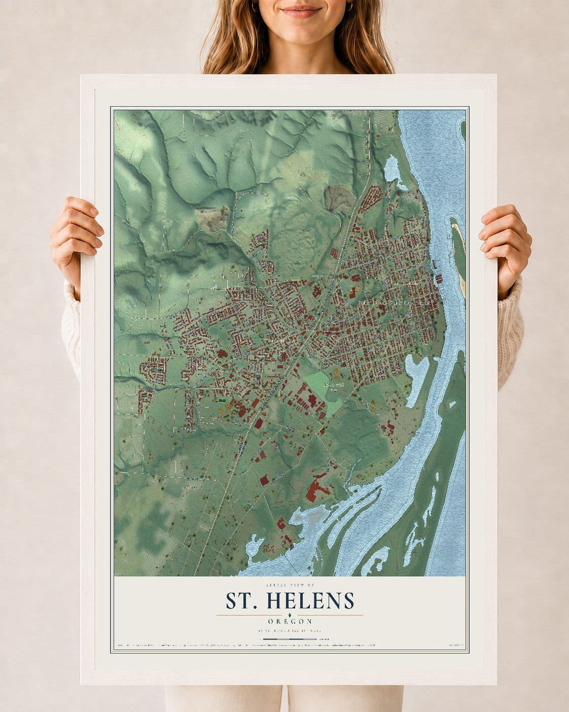 Map of St. Helens, Oregon, 24 x 36 inch print in a white wood frame