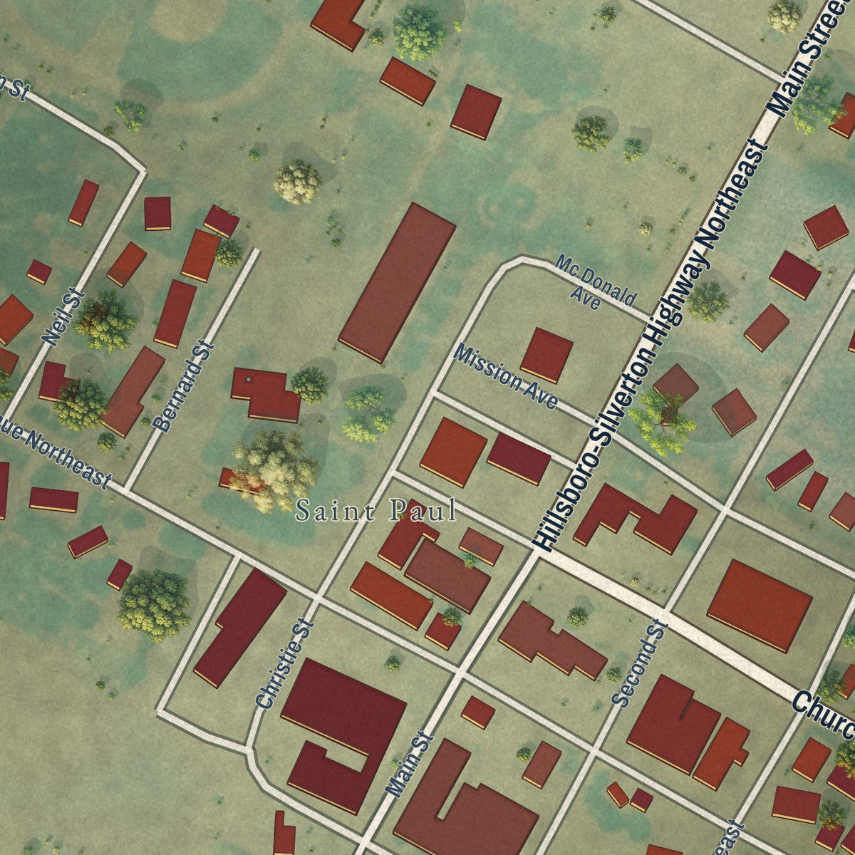 Close-up of the map of St. Paul, Oregon print showing street and building detail