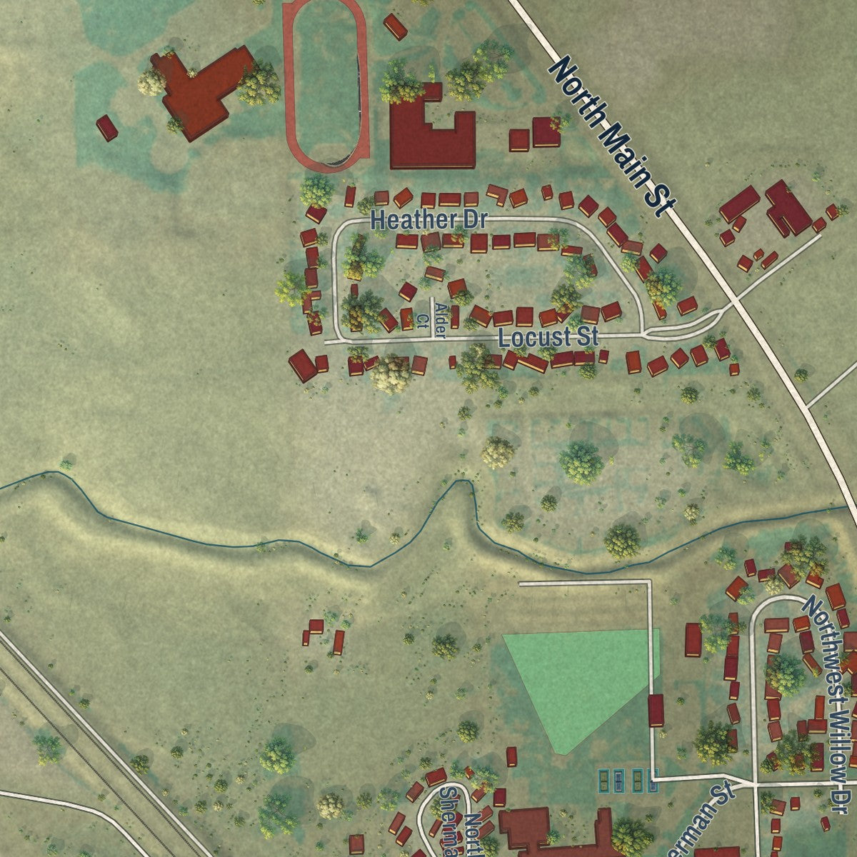 Second close-up of the map of Stanfield, Oregon print showing more streets and buildings