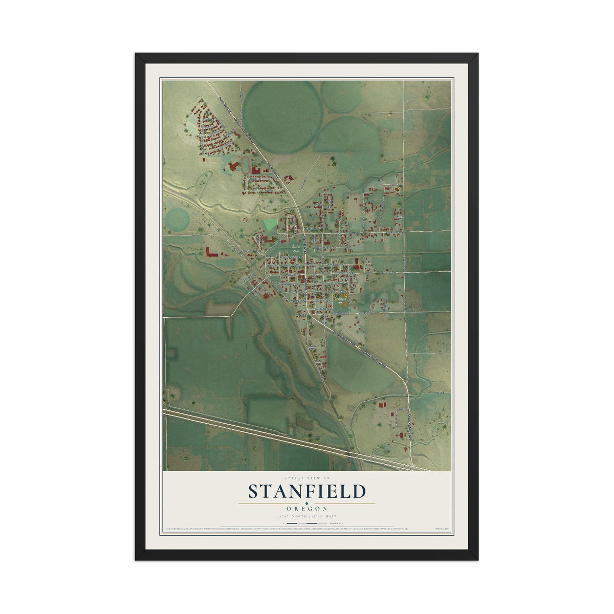 Map of Stanfield, Oregon, 12 x 18 inch print in a black wood frame