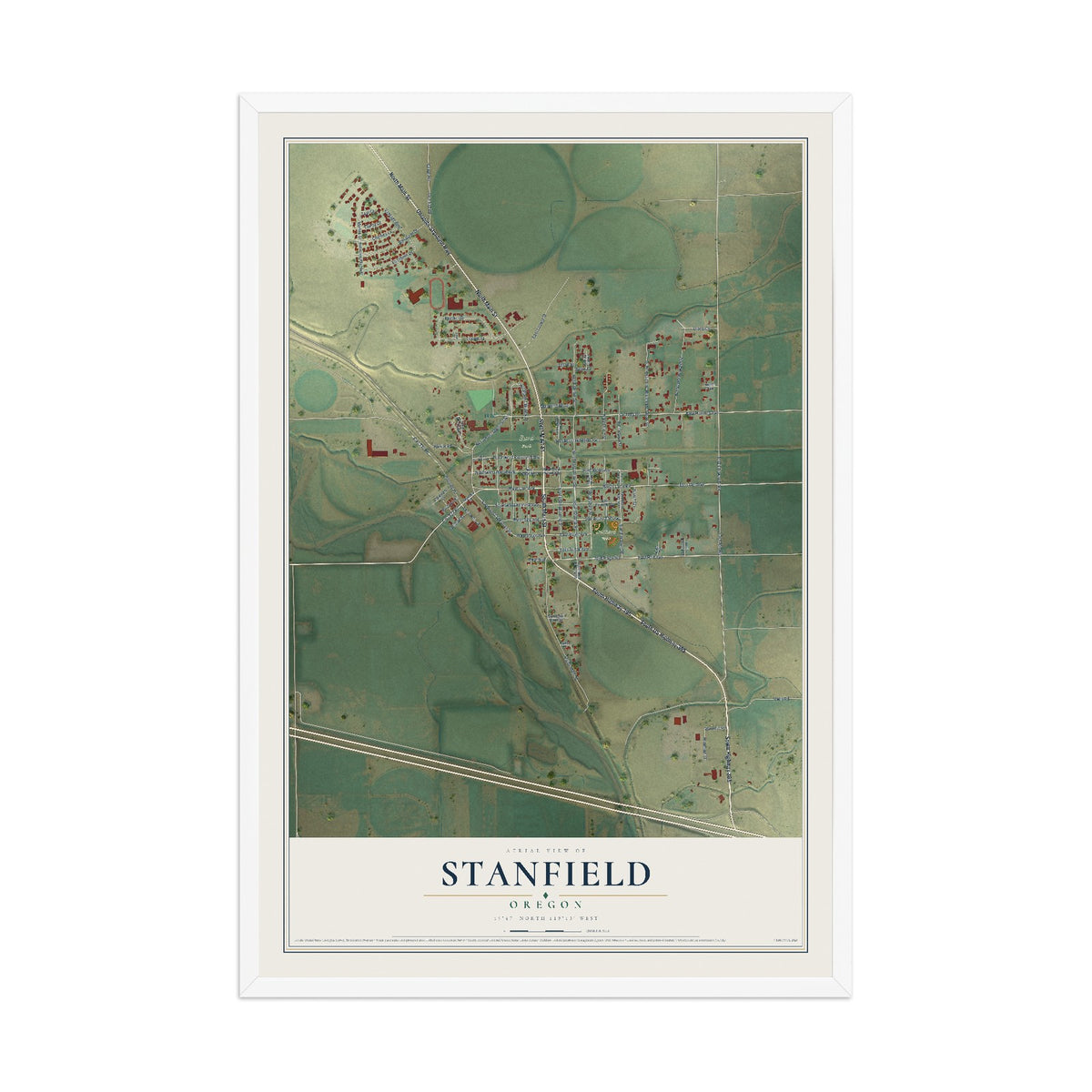 Map of Stanfield, Oregon, 12 x 18 inch print in a white wood frame