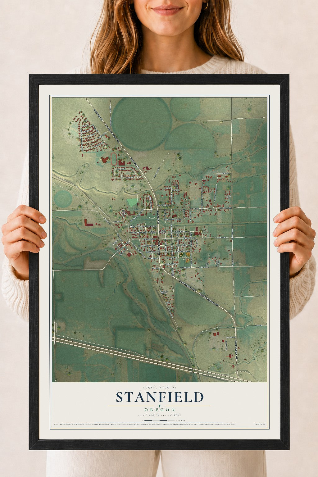 Map of Stanfield, Oregon, 18 x 24 inch print in a black wood frame