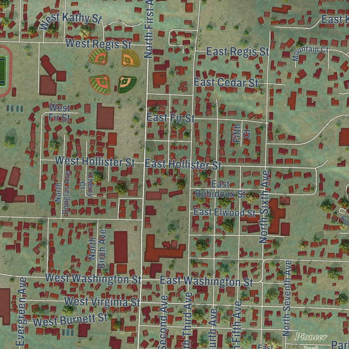 Close-up of the map of Stayton, Oregon print showing street and building detail