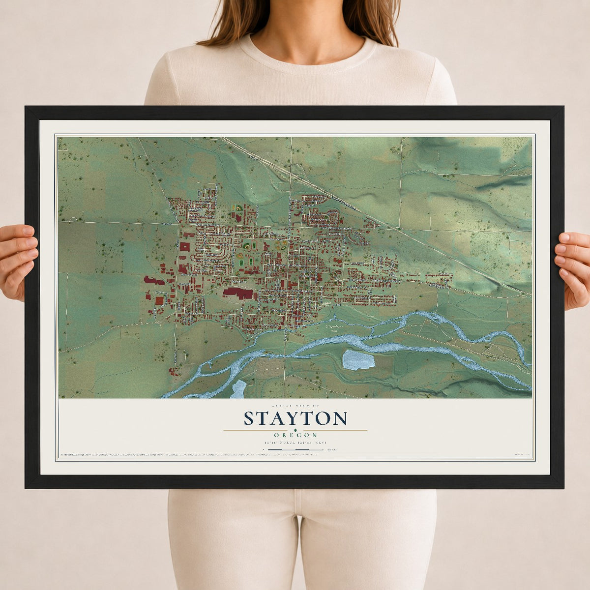 Map of Stayton, Oregon, 18 x 24 inch print in a black wood frame