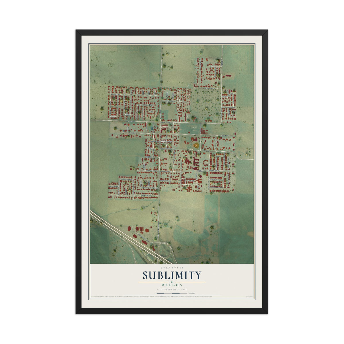 Map of Sublimity, Oregon, 12 x 18 inch print in a black wood frame